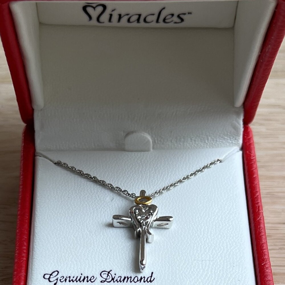 NIB Miracles Sterling Silver Cross with Heart & Halo Pendant on 18" Silver Chain